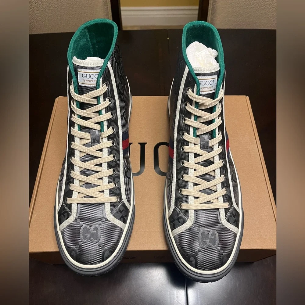 New Gucci Tennis 1977 GG Supreme Logo Gray High Sneaker Shoes UK 13 / US 13.5 - Picture 11 of 16
